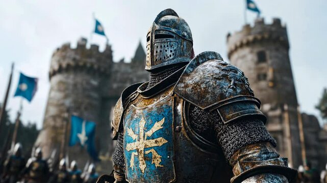 A medieval knight clad in weathered armor standing proudly in front of a castle, evoking themes of history, chivalry, and bravery in a historic setting.