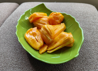 Peeled jackfruit, Stack of ripe jackfruit slices. Sweet jackfruit.