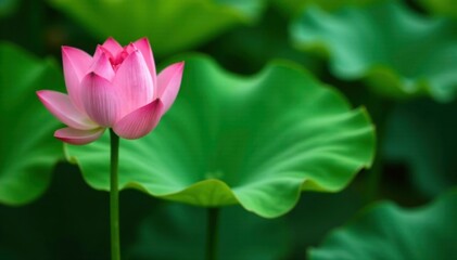 Green lotus leaf with a single lotus flower on top, flower stem, spring, blossoming