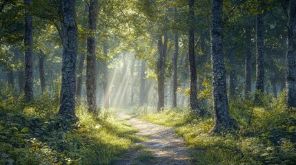 Obraz premium Sunlit forest path with lush greenery and serene atmosphere