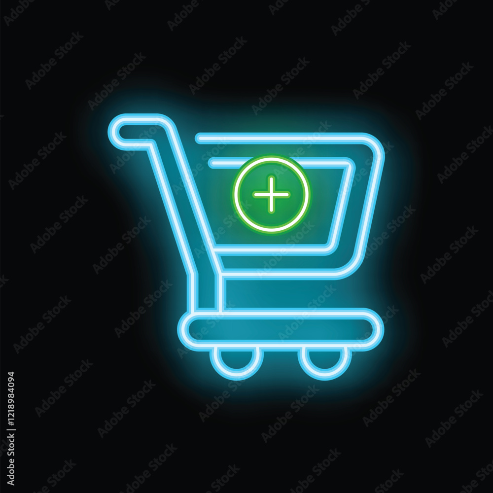 Poster neon shopping cart icon with plus sign glowing on black background representing online shopping and 