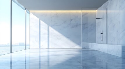 Obraz premium Luxurious shower room combines white marble surfaces with modern fixtures, featuring clean lines and glass partitions that create elegant, spa-like atmosphere in contemporary setting.