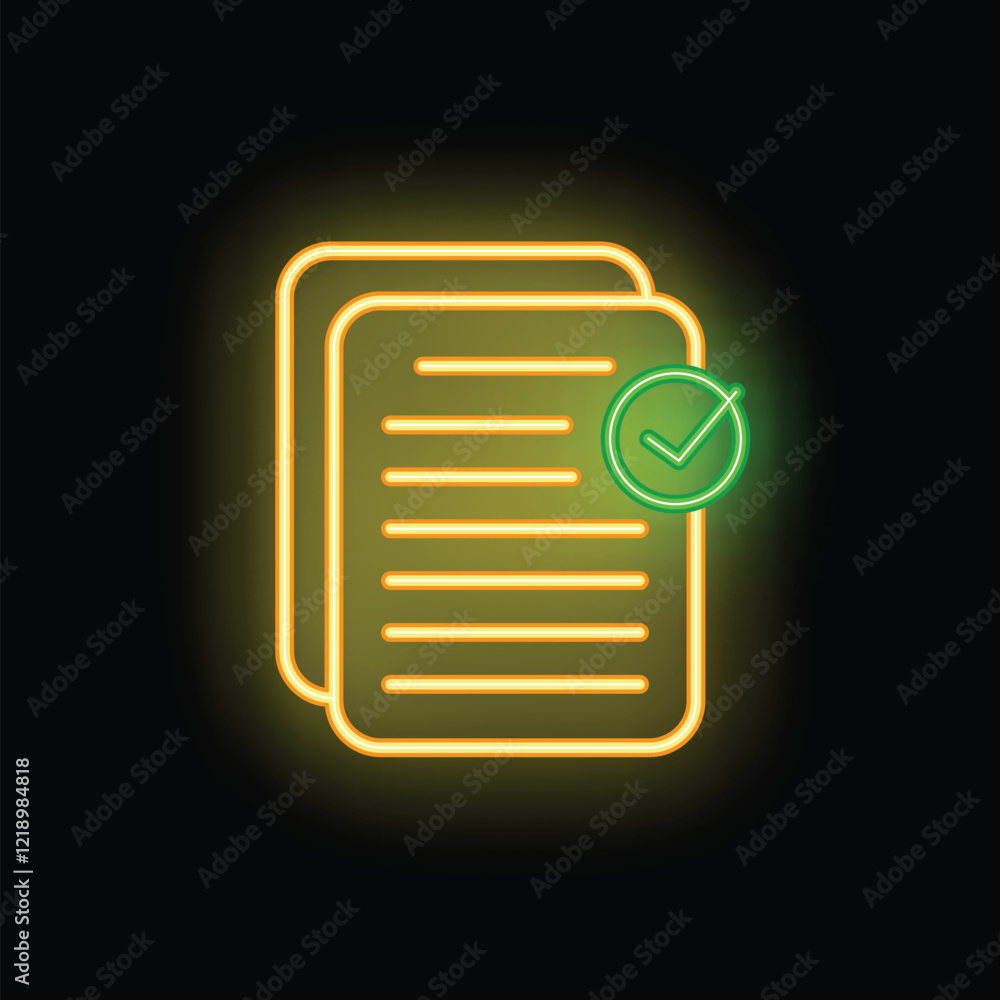 Aufkleber glowing neon icon of documents with green check mark representing successfully completed task