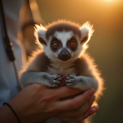 Fototapeta premium A close-up photo captures a person's hands cradling a baby ring-tailed macaque, its large eyes gazing directly into the camera, with the warm glow of the sun casting a soft light on its fur.