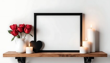 empty  frame mockup with flowers and candles isolated on white background