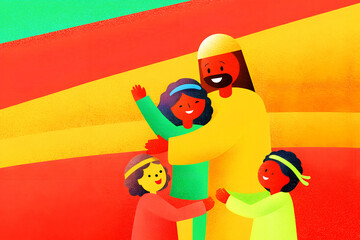 Obraz premium Joyful Embrace A Colorful Artwork Depicting Children Bonding with a Kind Figure of Joyful Nature