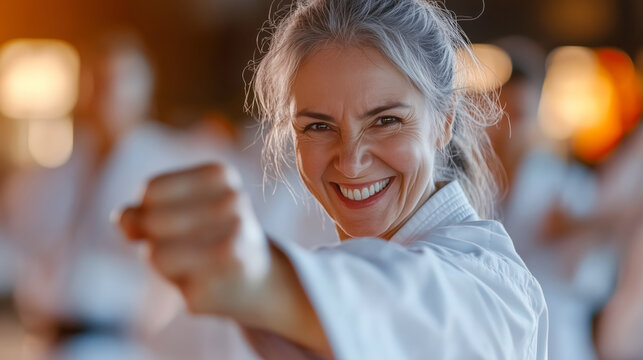 Portrait of a elderly woman in white kimono practicing judo indoors. Senior woman at karate course - Powered by Adobe