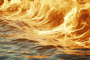 Naklejka premium Flames rise dramatically from the ocean at sunset, creating a surreal seascape with vibrant waves and glowing water