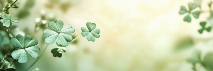 Fototapeta premium A soft, light abstract background featuring delicate green clover leaves with a gentle blurred backdrop