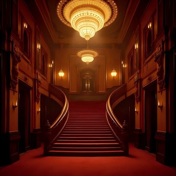 The image features a grand staircase with red carpeting leading towards a grand entrance, flanked by ornate architectural details and illuminated by chandeliers.