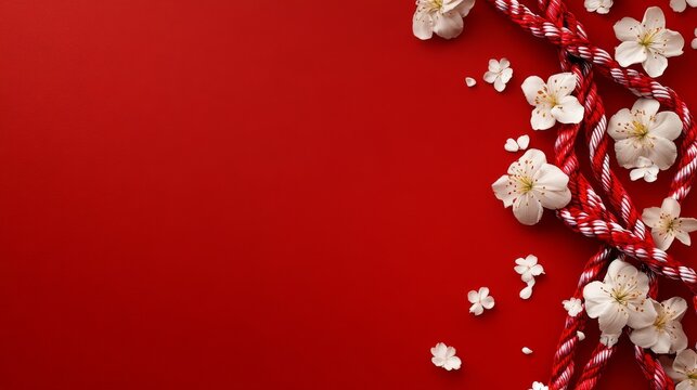 A red background with red and white martisor rope in decoration for the festival. Greeting card for Baba Marta day.