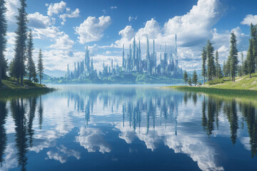 Obraz premium City skyline reflects in calm lake surrounded by trees during sunset with vibrant clouds and soft glow