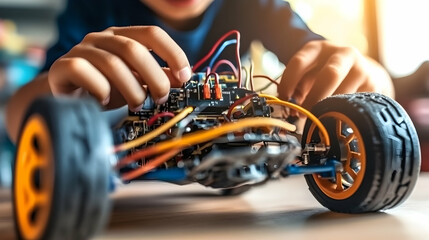 Child's hands expertly working on a RC car, showcasing intricate wiring and electronics.  A close-up shot emphasizing detail and focus on the process of repair or modification.