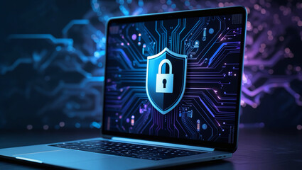 A laptop screen with a lock icon and shield against a digital backdrop. Holographic components and blue hues highlight the idea of data protection and cyber security.