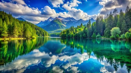 Naklejka premium Majestic Blue Mountain Lake with Lush Green Trees - Stunning Nature Photography