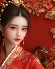 Lunar New Year Woman with Snake and Gold Accents in Festive Setting