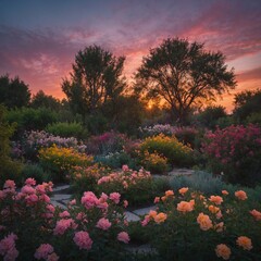 A captivating radiant dusk in a blooming garden, with vibrant colors of the sky fading into soft...