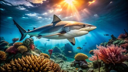 Fototapeta premium Majestic Bull Shark over Vibrant Coral Reef - Stunning Underwater Wildlife Scene