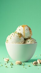 Creamy Pistachio Ice Cream with Honey Drizzle in White Bowl