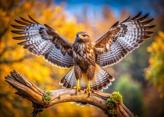 Fototapeta premium Majestic Buzzard Bird of Prey on Old Tree Branch, Odessa Oblast, Ukraine - Macro Photography