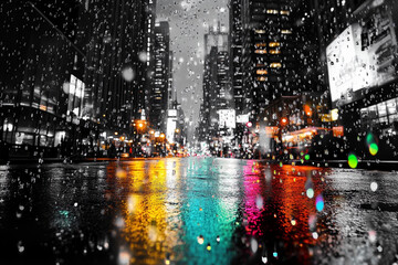 Naklejka premium Colorful confetti falls through a foggy urban landscape in the heart of a city during a lively celebration