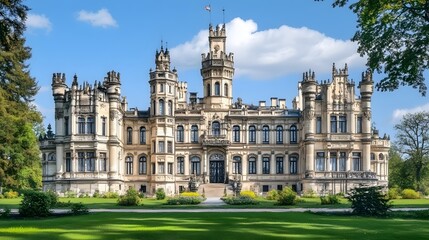 Fototapeta premium Majestic Neo-Gothic Castle Exterior Photography