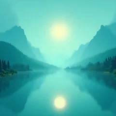 Fototapete The image features a serene landscape with a glowing sun peeking through the misty mountains, casting a tranquil reflection on the still waters below. © Masum