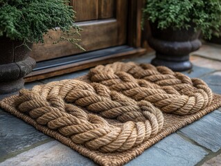 Stylish rope doormat at rustic home entrance natural fiber cozy atmosphere outdoor view decorative concept