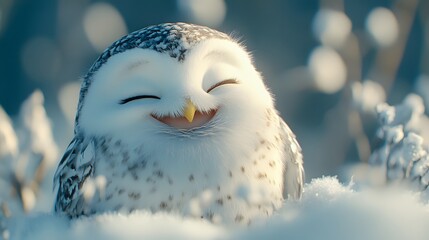 Obraz premium Wildlife portrait captures cheerful snowy owl with fluffy white feathers and happy expression against blue sky, showcasing joyful personality in natural winter environment.