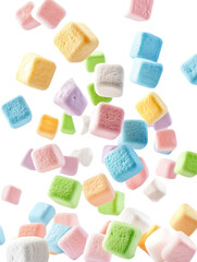 Colorful Pastel Cube Marshmallows Falling, Sweet Treats Dessert for Fun Photography, Transparent Background, AI Generated Images