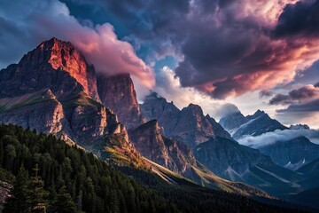 Majestic Cloud Billows Over Dramatic Mountain Peaks - Double Exposure Stock Photo