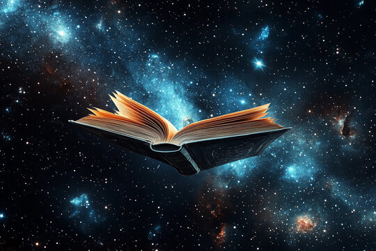 A book floats in space with a distant planet surrounded by stars, symbolizing knowledge and exploration in the universe
