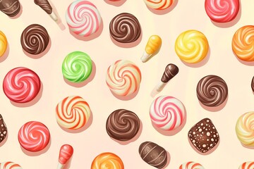 Colorful vector background featuring candies, lollipops, and sweets, with a fun and playful design ideal for festive or party themes.

