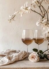Romantic setting with two glasses of wine and a white rose on the table. Warm and elegant atmosphere