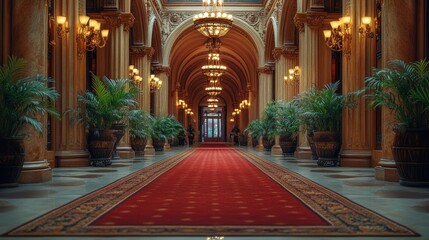 Obraz premium Elegant hallway with plants and chandeliers at dusk