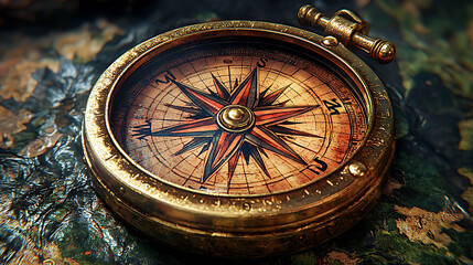 Antique brass compass resting on an aged map, showcasing intricate details and a vintage aesthetic.  Perfect for travel, adventure, exploration, history, and navigation themes.
