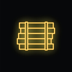 Bright yellow neon icon of a stacked wood pile glowing on a black background