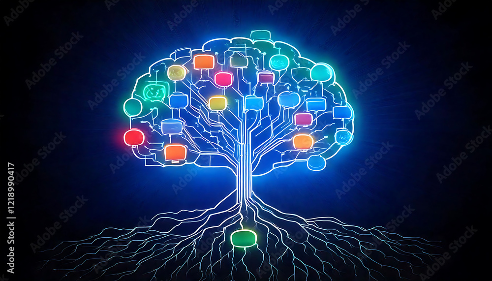 Poster stunning abstract image of a glowing tree with colorful nodes, representing interconnectedness and n