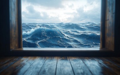 Rough sea view from wooden window.