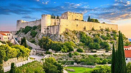 Obraz premium Majestic Medieval Castle on Hilltop at Sunset