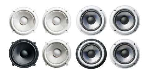 Various Speaker Designs and Sizes for Audio Equipment, PNG collection, set bundle, isolate on transparent or white background