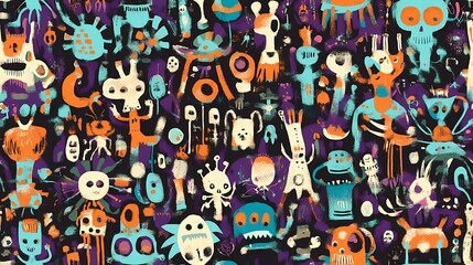Obraz premium Whimsical monster party background, playful creatures dancing, vibrant colors, dark backdrop, ideal for kids' products