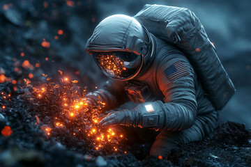 Astronaut interacts with glowing plants in a vibrant alien forest at night