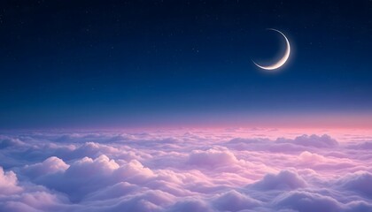 A cosmic horizon with a glowing crescent moon in soft pearl white, rising over waves of deep blue and violet clouds illuminated by faint stars