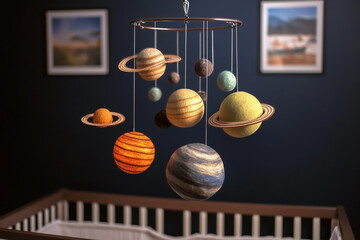 Celestial mobile featuring colorful planets suspended in a nursery setting during evening light