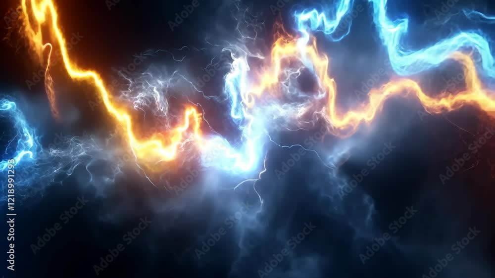 Poster energetic display of blue and orange lightning in a dark background creates a vibrant visual effect