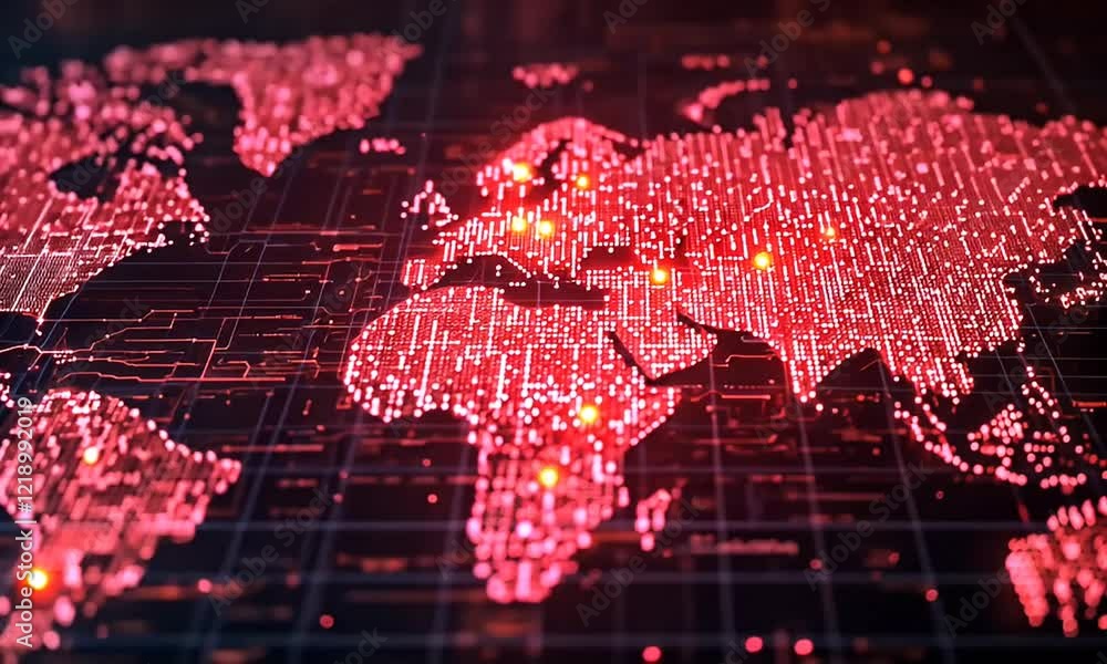 Poster global network map: red illuminated digital world representation