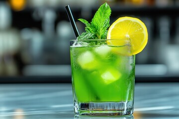 Refreshing Green Mint Cocktail with Lemon Garnish