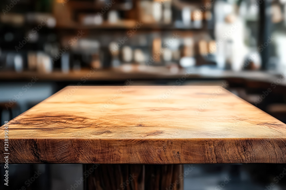Poster wooden table with a view of a restaurant. the table is empty and has a rustic look