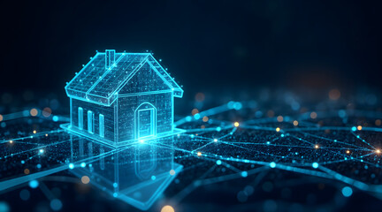 Digital smart home concept with futuristic glowing house model